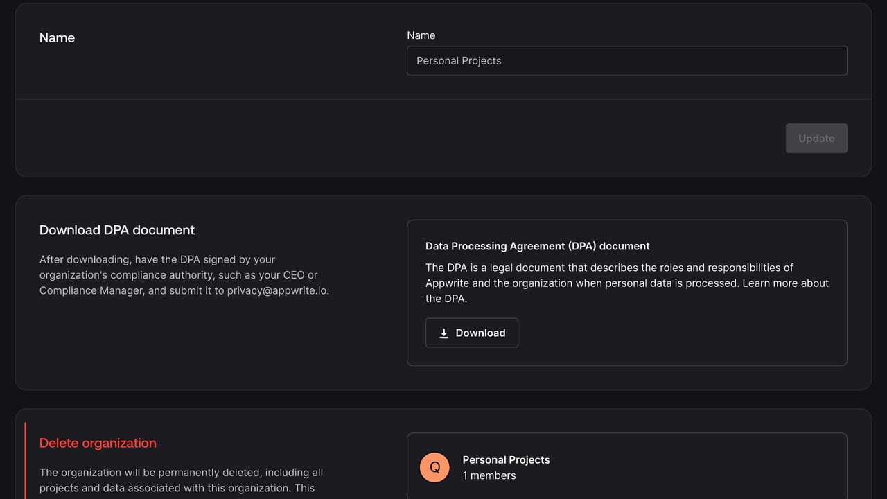 Project settings screen
