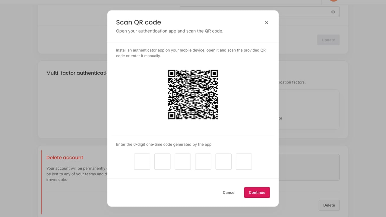 Multi-factor authentication modal