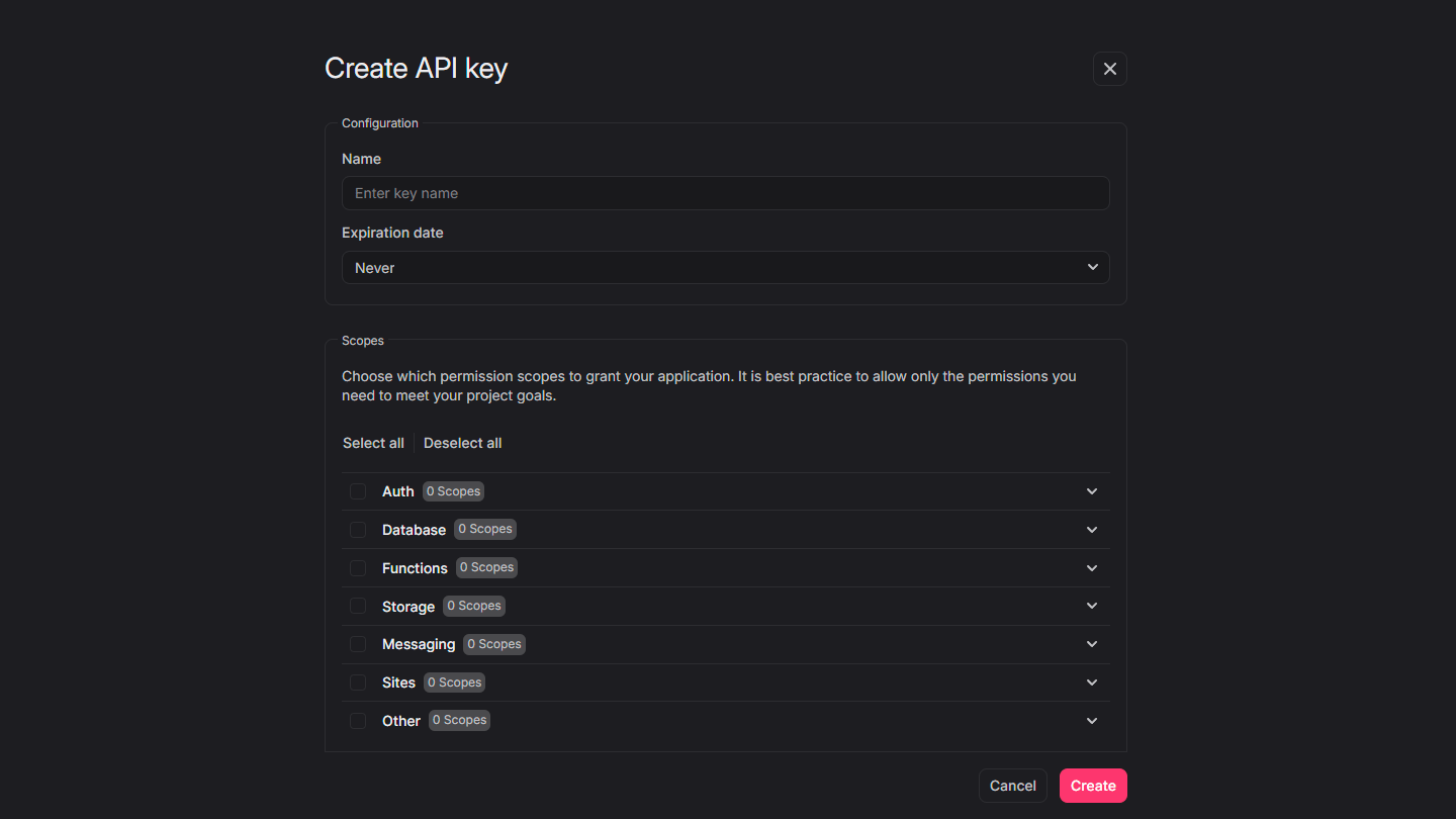 Create project screen