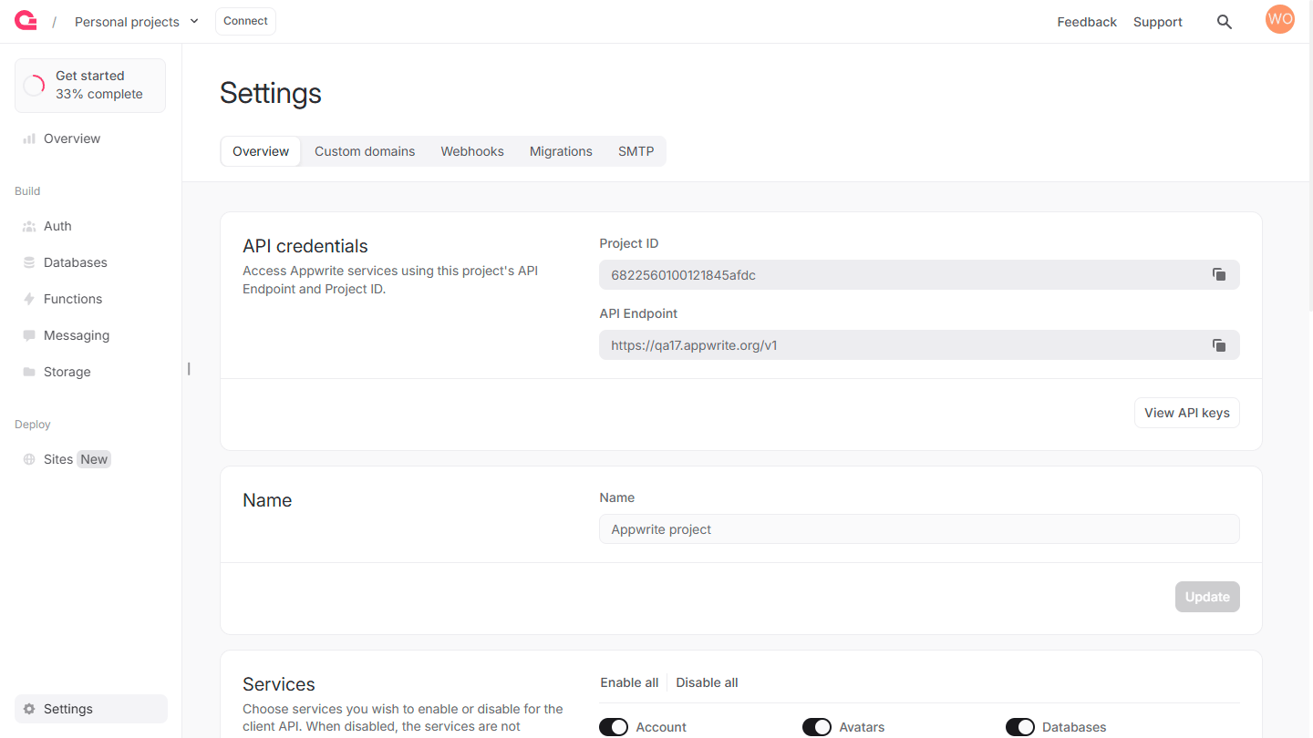 Project settings screen